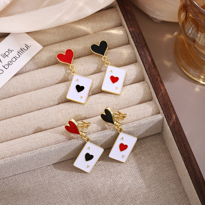 Wholesale Silver Needle Dripping Oil Red Heart Spade Poker Earrings with Light Luxury Design Asymmetric Personality Fashion Versatile Earrings