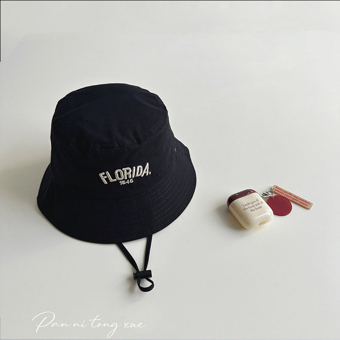 Wholesale Children's big brimmed hat with personalized Western style letters, windproof fisherman hat, sunshade basin hat