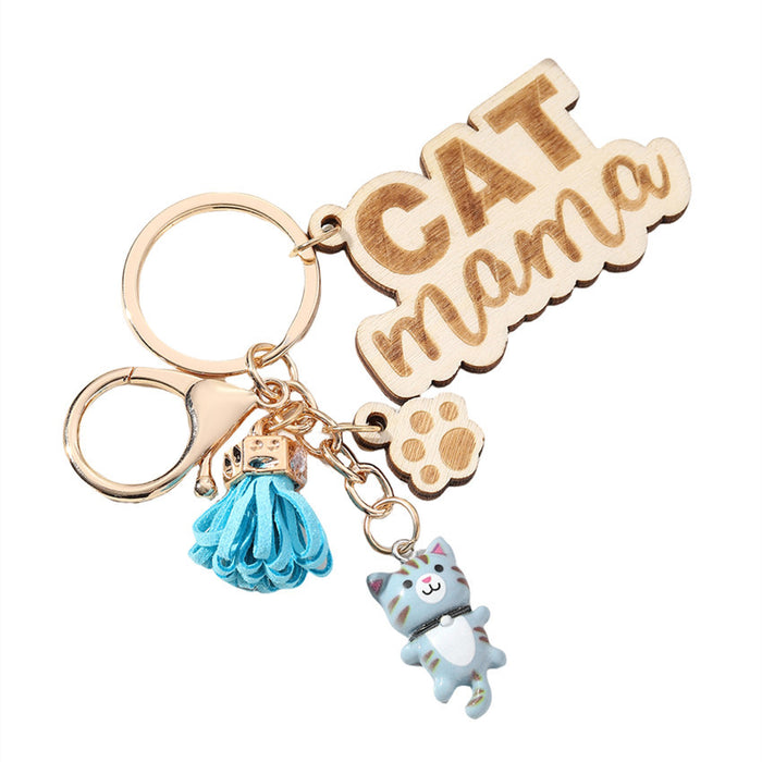 Wholesale CAT MAMA Mother's Day Tassel Wood Keychain JDC-KC-RongRui016