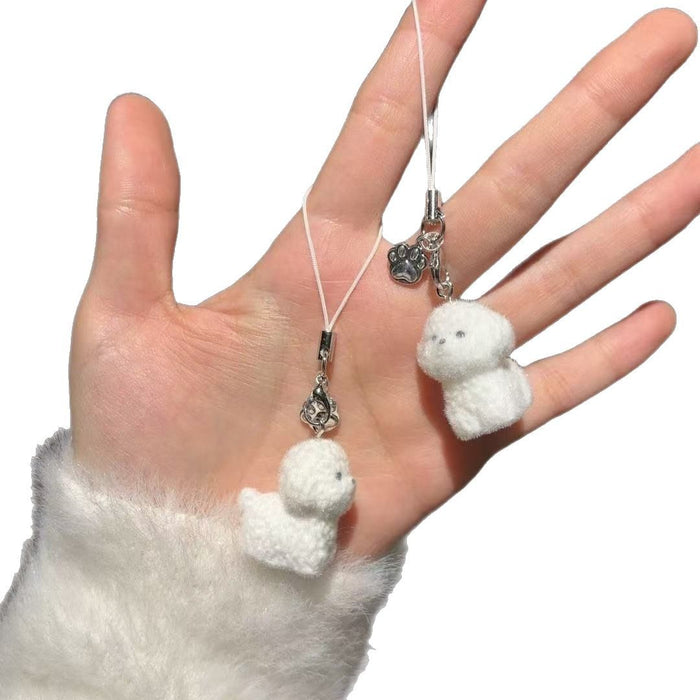 Wholesale Cute Soft Cute Flocking White Dog Mobile Phone Car Keychain Pendant Women's Chain