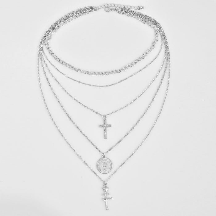 Wholesale Trendy New Fashionable Personalized Cross Rose Multi layer Necklace Combination Jewelry