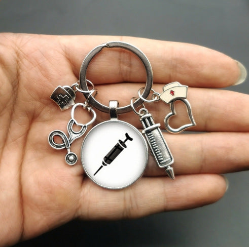 Wholesale Nurse Stethoscope Medical Syringe Picture Glass Cabochon and Glass Dome Keychain JDC-KC-HaoH010