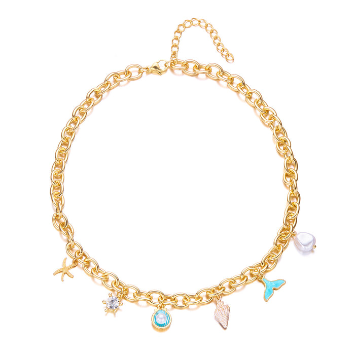 Wholesale Ocean Seashell Starfish Pearl Necklace and Bracelet Set Alloy Electroplated Fashion Accessory