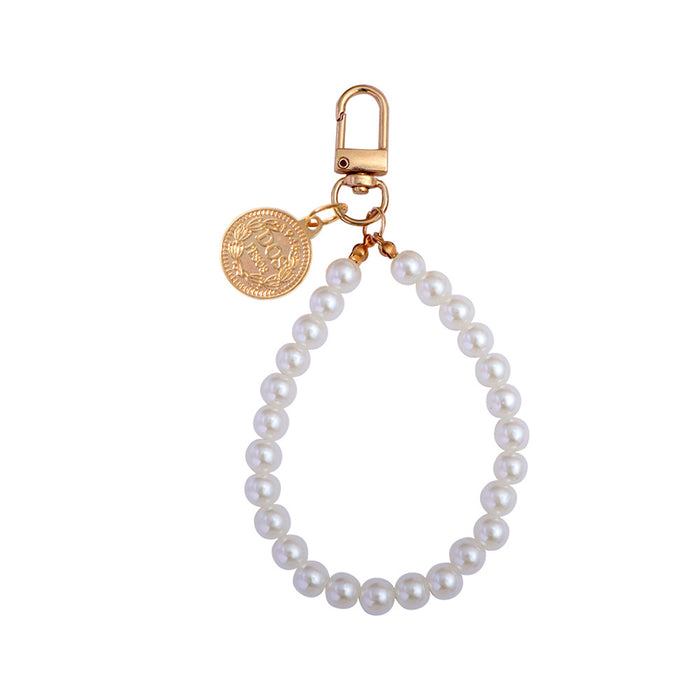 Wholesale Pearl Bead Chain Keychain Metal Square Figure Pendant Mobile Phone Case Hanging