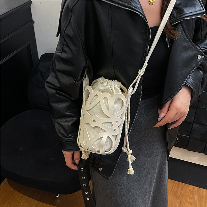 Wholesale  Autumn Street Style Hollow Cylinder Drawstring Bag Black P. U.  Medium Fashion Accessory
