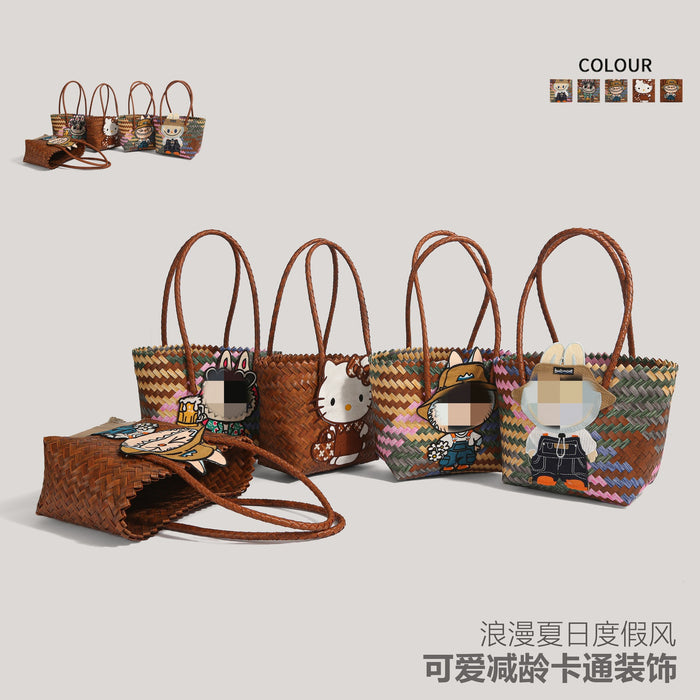 Wholesale  Summer Cartoon Woven Bag Large Capacity Work Bag Hand Woven Vegetable Basket Women' s Shoulder Bag