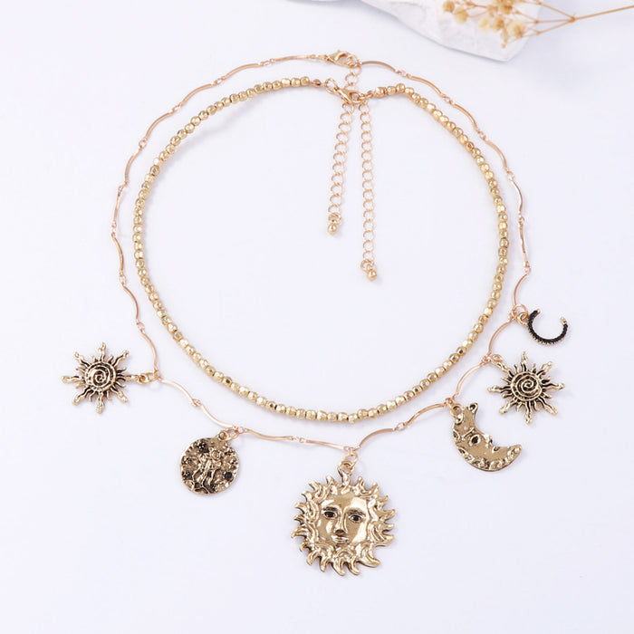Wholesale Alloy Sun Moon Pendant Double Layer Overlapping Chain Women's Necklace