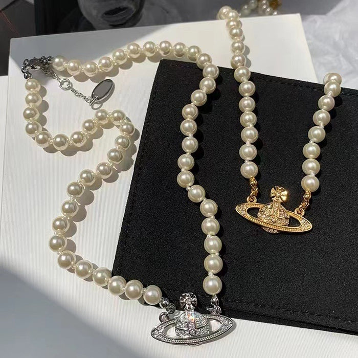 Wholesale  Gold Saturn Necklace Female Planet Pearl Classic  Clavicle Chain