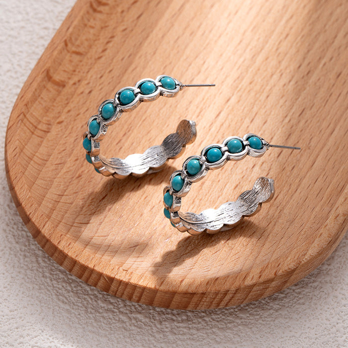 Wholesale Retro Western Style Turquoise Large Circle C-Shaped Earrings Bohemian Style Earrings High-End Niche Design Earrings