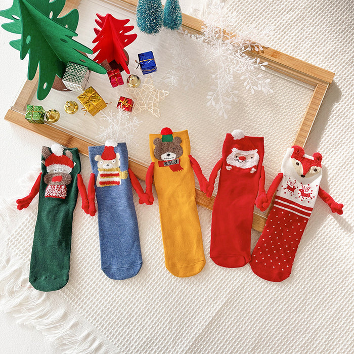 Wholesale Christmas magnetic hand-holding socks women' s cotton socks couple mid-calf length socks New Year gift socks