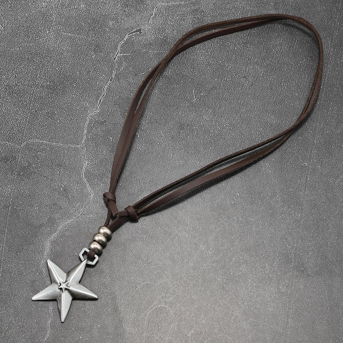 Wholesale Fashionable new necklace with five pointed star pendant, adjustable sweater chain, retro style, personalized leather necklace