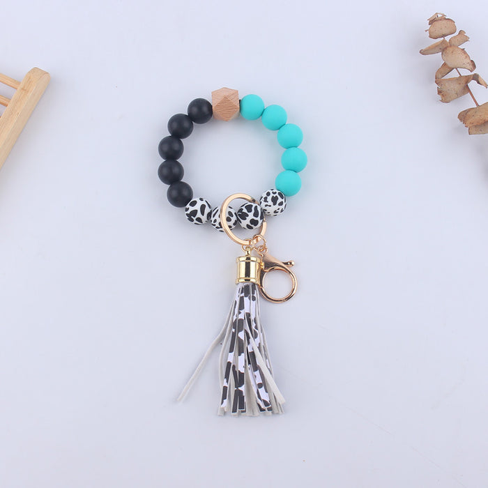 Wholesale Silicone Leather PU Short Tassel DIY Leopard Beaded Bracelet Keychains JDC-KC-GuangTian046