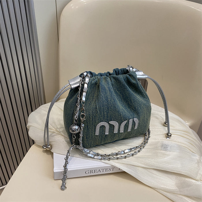 Wholesale Premium and niche canvas bag, chain crossbody bag, fashionable pleated bucket bag