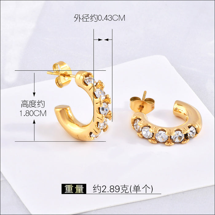 Wholesale Geometric titanium steel earrings,  18K gold stainless steel inlaid pearl C-shaped earrings.