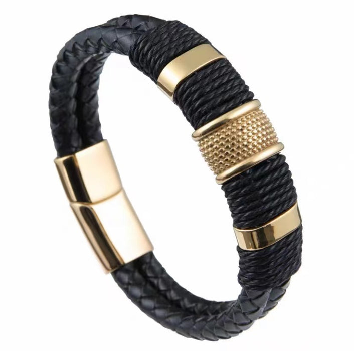 Wholesale Hand string double-layer retro alloy cowhide woven bracelet, fashionable men's leather magnetic buckle bracelet