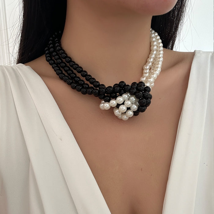 Wholesale Fashionable trend multi-layer imitation pearl necklace, artistic retro black and white color matching, high-end feeling pearl collar