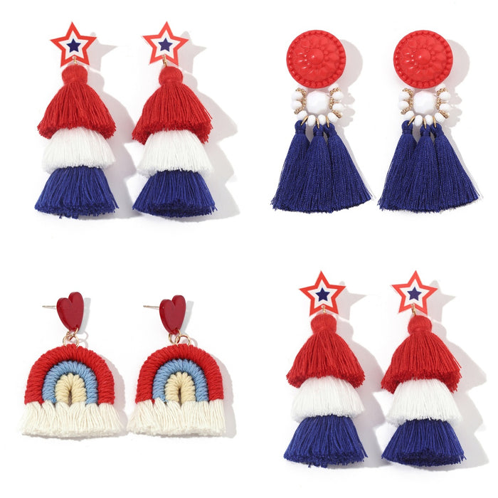 Wholesale Red, blue, and white rainbow shaped woven cotton rope tassel with sparkling pink acrylic earrings