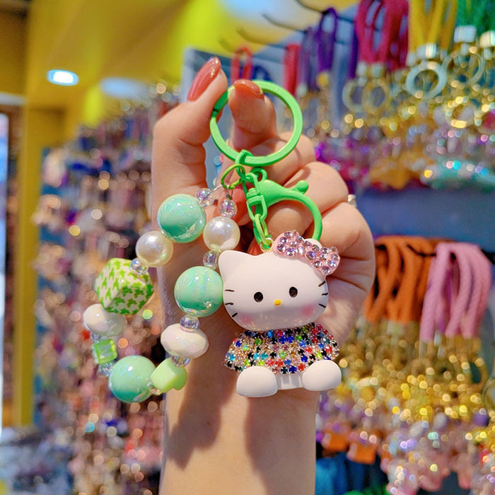 Wholesale Czech Rhinestone Cartoon Cat Keychain Cute Ladies Beaded Bag Charm Phone Pendant Car Key Accessory