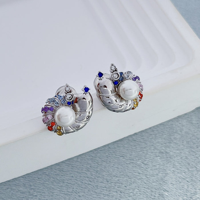Wholesale New creative high-end conch silver ear needle plated platinum earrings with colorful zirconium imitation pearl earrings, niche
