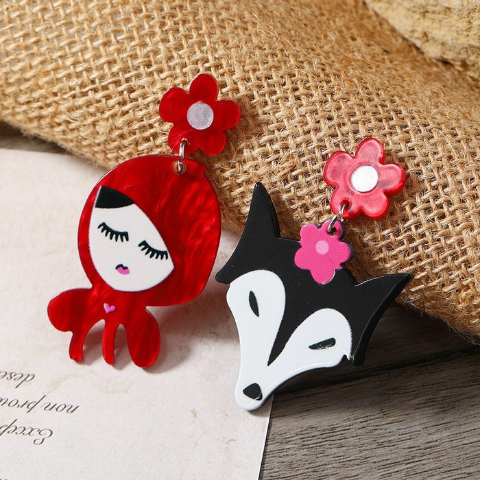 Wholesale Acrylic Cartoon Asymmetric Earrings Big Bad Wolf Little Red Riding Hood Fashion Accessory