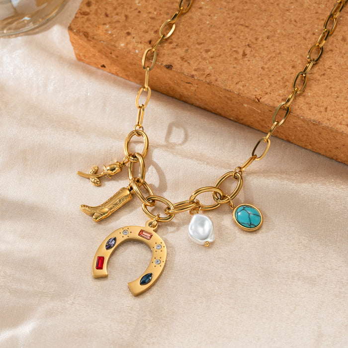 Wholesale Vintage Stainless Steel Gold-Plated Turquoise Necklace