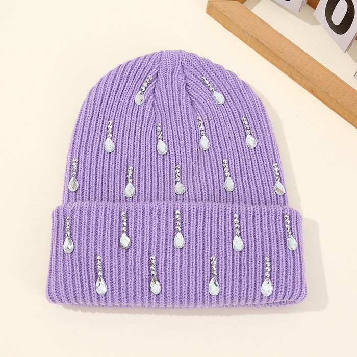 Wholesale Pearl sparkling diamond knitted hat,  double-layer outdoor warm woolen hat