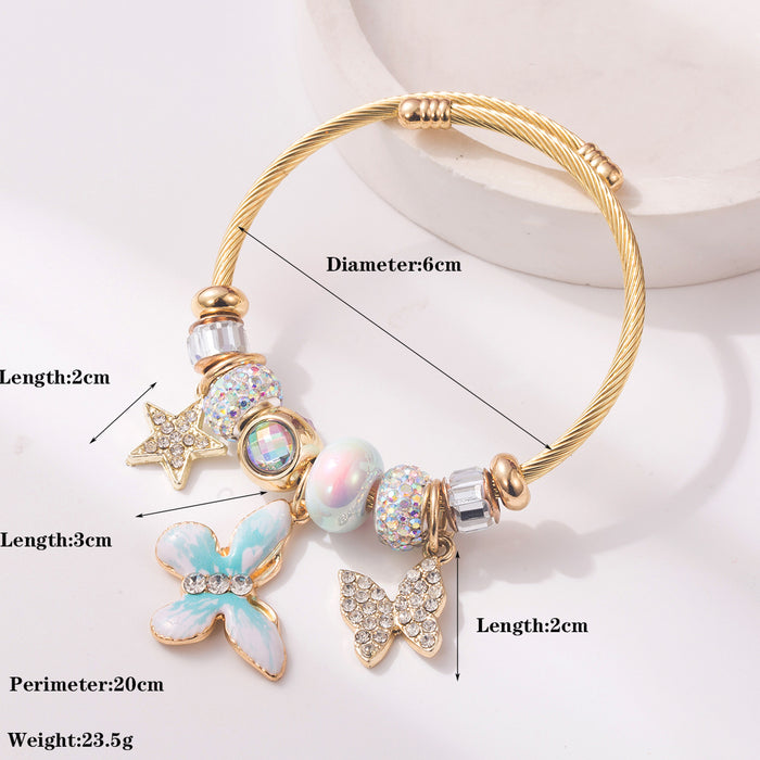 Wholesale Trendy Pink Adjustable Stainless Steel Bangle Bracelet With Rhinestone Butterfly Pendant And Star Accents Fashion Accessory For Resale