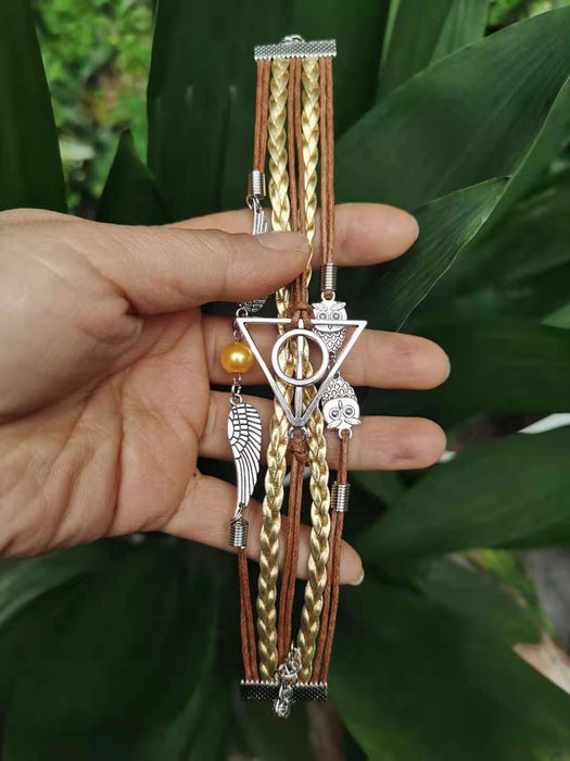 Wholesale Wax rope alloy owl triangle angel wing bracelet