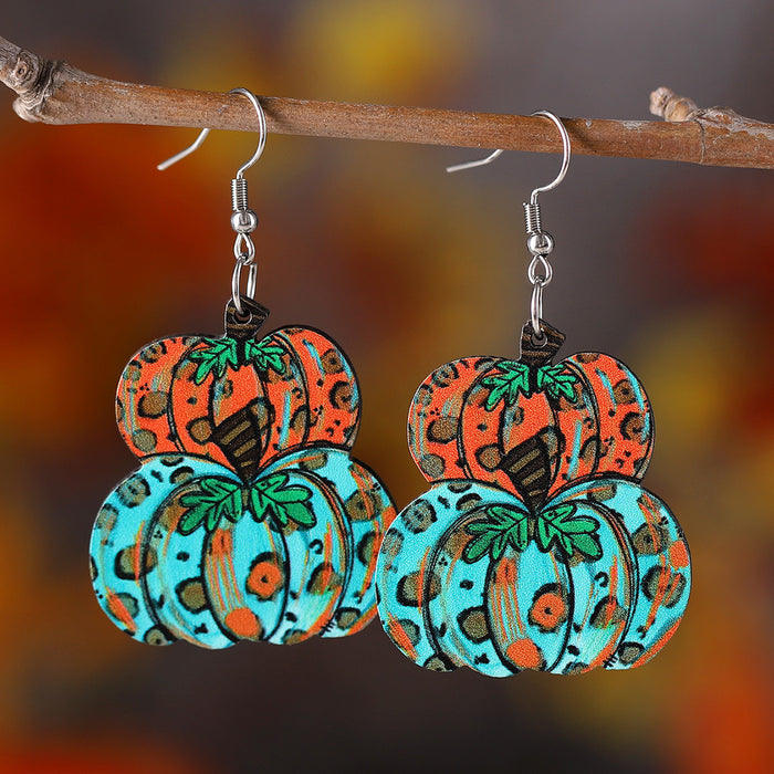 Wholesale Thanksgiving Autumn Harvest Leopard Print Pumpkin Pendant Earrings Wooden Double-Sided Earrings