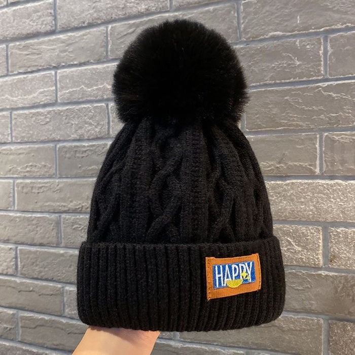 Wholesale fleece-lined Wool Hat Thickened Warm Northeast Knitted Hat Women' s Big Head Ear Protecting Hair Ball Hat White Ball Hat