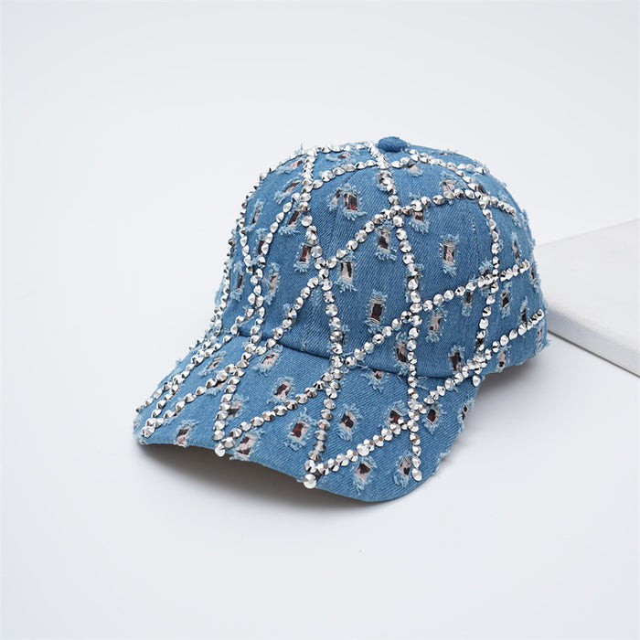 Wholesale Broken hole washed denim cap, dot diamond baseball cap, retro duckbill cap