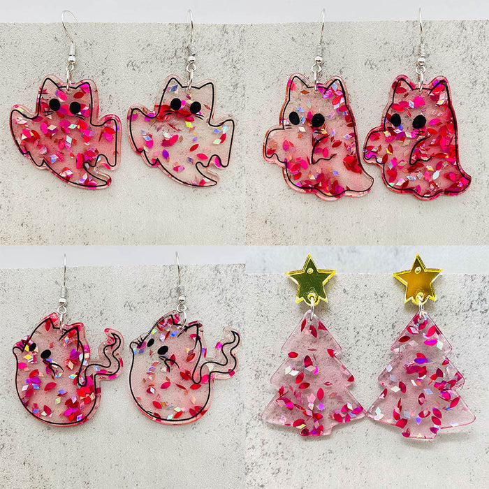Wholesale Christmas earrings pink Christmas tree five-pointed star cat acrylic earrings Christmas gift