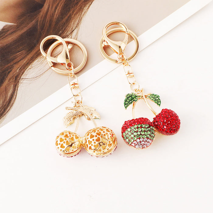 Wholesale Diamond-Encrusted Cherry Keychain Bag Pendant Alloy Fruit Keychain