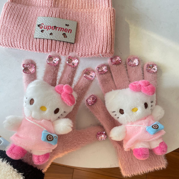 Wholesale rhinestone cute plush gloves autumn and winter girl warm knitted five-finger gloves