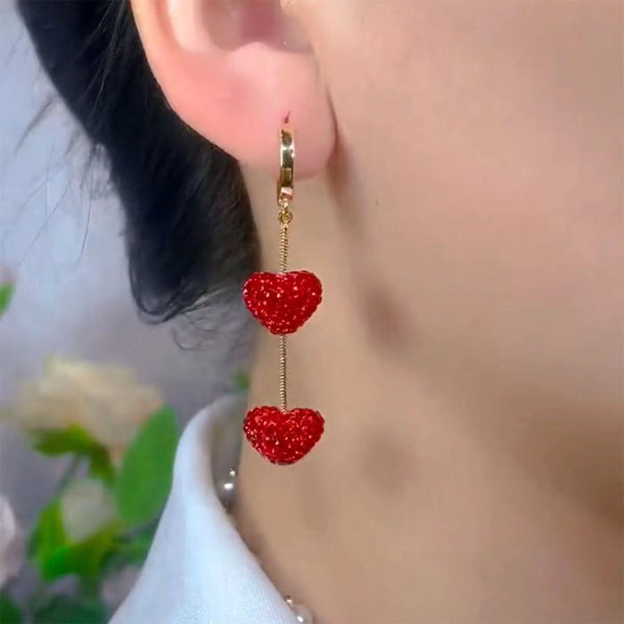 Wholesale Fashionable red heart-shaped long earrings with high-end, simple, versatile and exquisite full diamond earrings