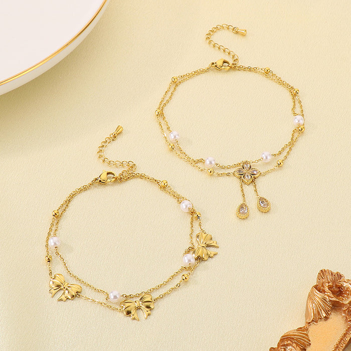 Wholesale Titanium Steel Pearl Bow Rhinestone Tassel Anklet Flower Number 7 Pendant Wedding Jewelry Accessory