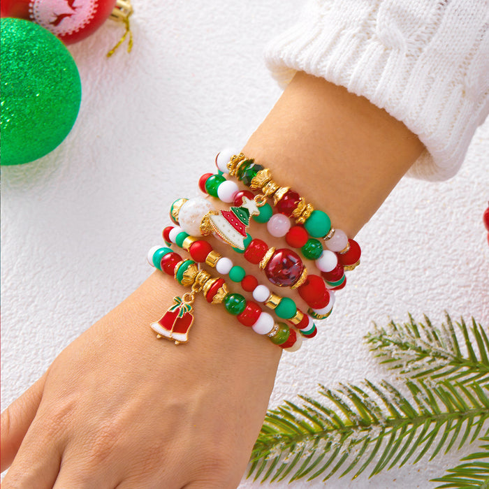 Wholesale Holiday Gift Cute Christmas Tree Snowman Bell Alloy Pendant Christmas Crystal Bracelet Set