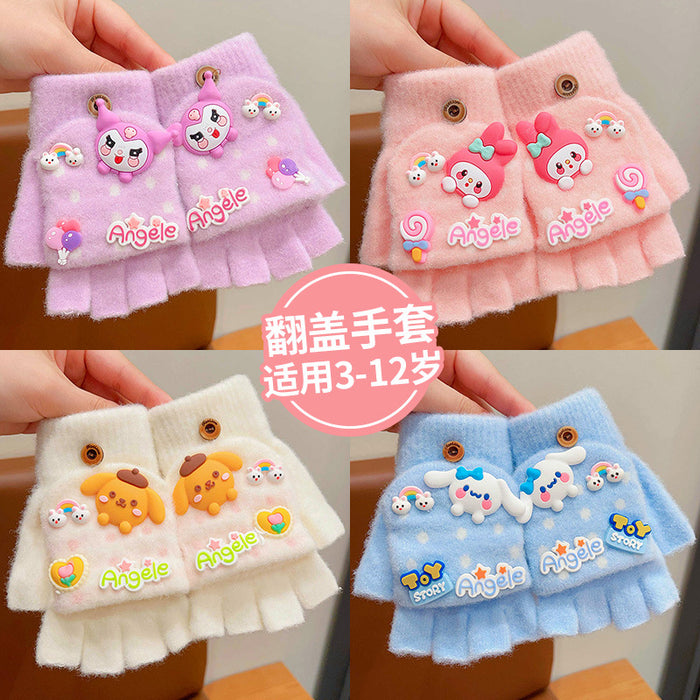 Wholesale Children' s Gloves Autumn and Winter Warm Cute Cartoon  Girls'  Half-Finger Flip Cover Baby Thickened Warm Five-Finger Set