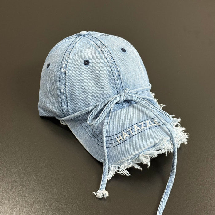 Wholesale Retro fringed denim baseball cap, soft top bow sun hat, sun protection duckbill cap