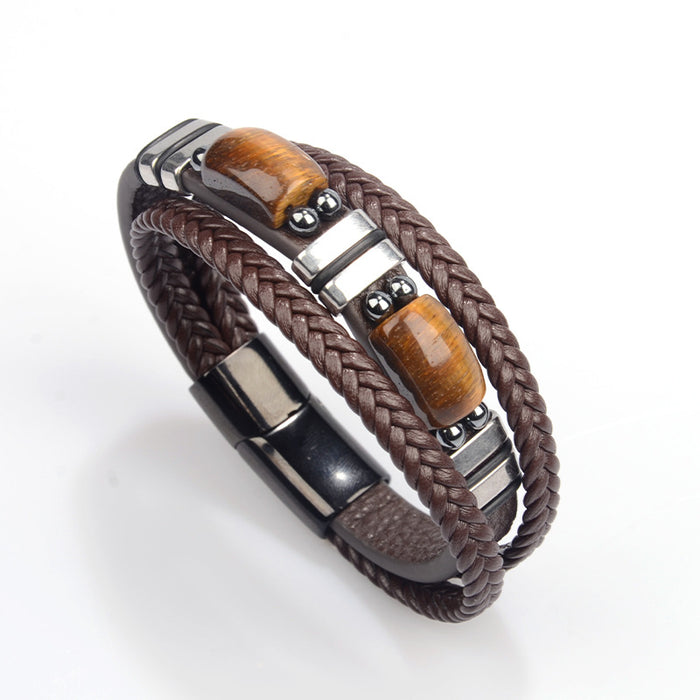 Wholesale tiger eye stone leather bracelet stainless steel bracelet multi-layer leather jewelry Amazon men' s bracelet