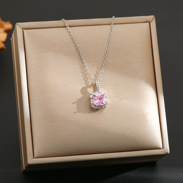 Wholesale Pink zircon silver titanium steel necklace