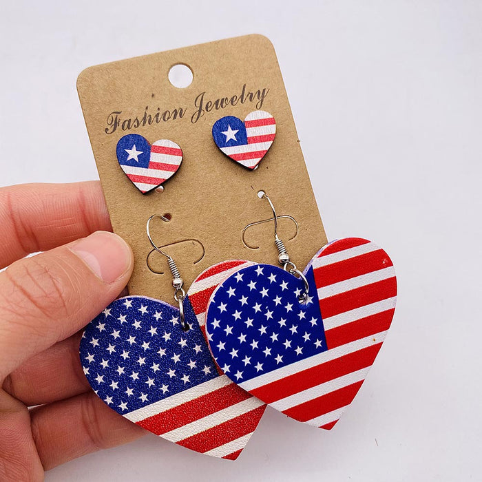 Wholesale New Independence Day Earrings Earring Set with American Flag Round Heart Five Pointed Star Sunflower Leather Earrings JDC-ES-YaChen002