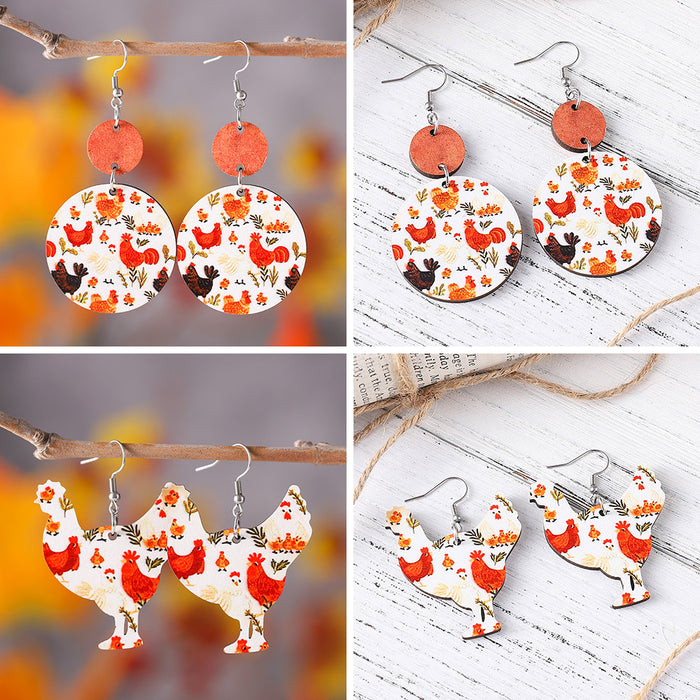 Wholesale Cute Chicken Lover Earrings Farm Animal Earrings Personalized Double-Sided Wooden Round Earrings