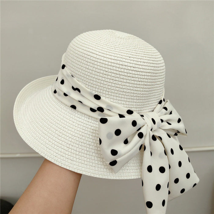 Wholesale Retro elegant polka dot bow sun hat, straw hat, sun protection basin hat