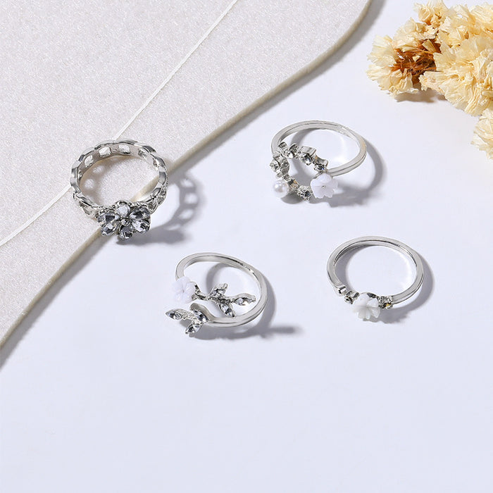 Wholesale Fresh diamond inlaid flower ring alloy ring set bracelet