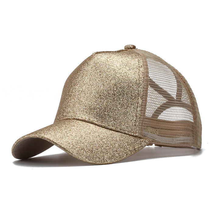 Wholesale Trendy Sequined Dacron Baseball Cap with Ponytail Hole - Breathable Mesh Sun Hat for Summer Outdoor Use