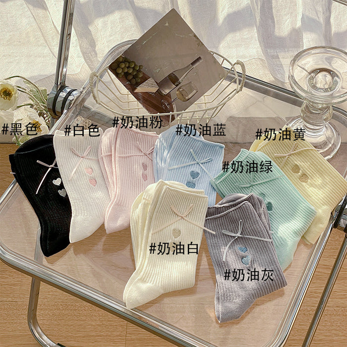 Wholesale Butterfly knot heart-shaped embroidered cotton outer socks, mid tube socks