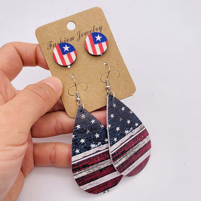 Wholesale New Independence Day Earrings Earring Set with American Flag Round Heart Five Pointed Star Sunflower Leather Earrings JDC-ES-YaChen002