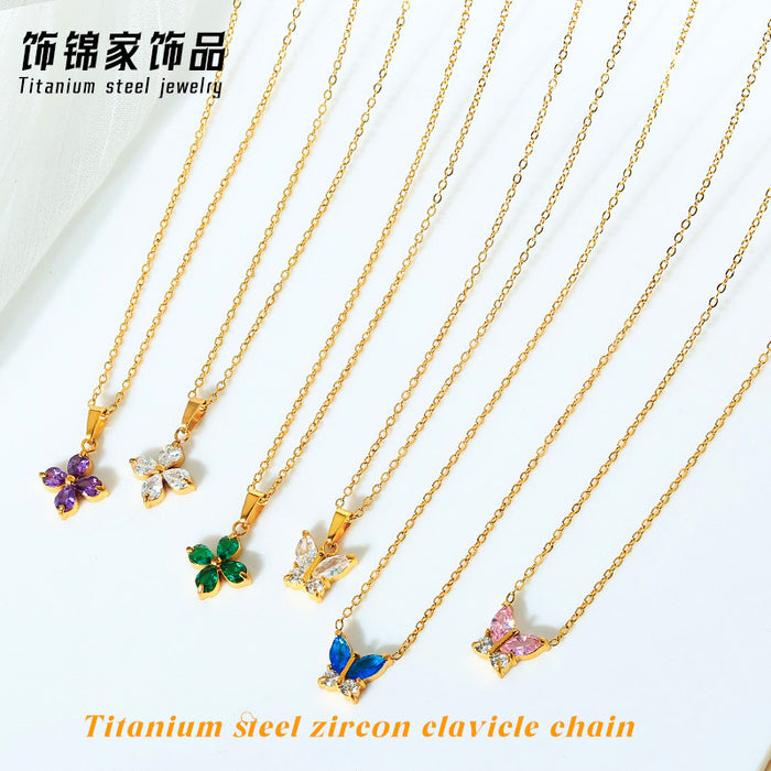 Wholesale Gold Butterfly Zircon Pendant Necklace Titanium Steel Fashion Jewelry MOQ≥2