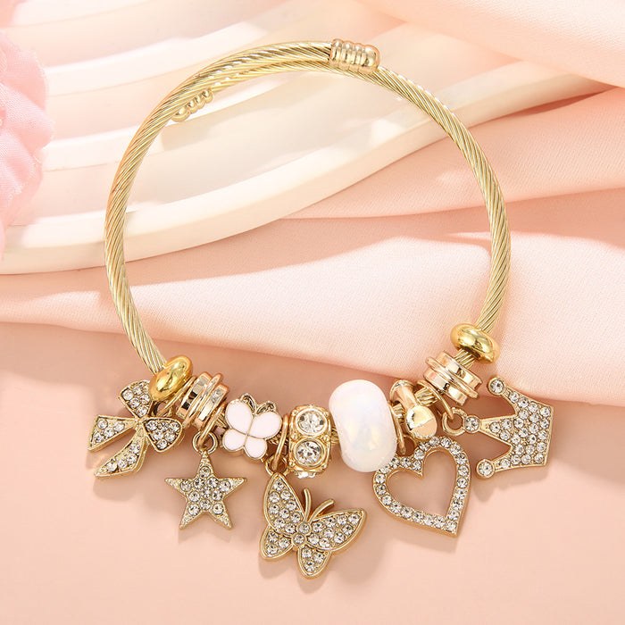 Wholesale Diamond-encrusted butterfly and heart beaded stainless steel bracelet